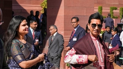 Poet Kumar Vishwas with Manju Sharma at Parliament complex during the Budget session, in New Delhi, Friday, Feb. 7, 2025. (PTI) Poet Kumar Vishwas with Manju Sharma at Parliament complex during the Budget session, in New Delhi, Friday, Feb. 7, 2025. (PTI)