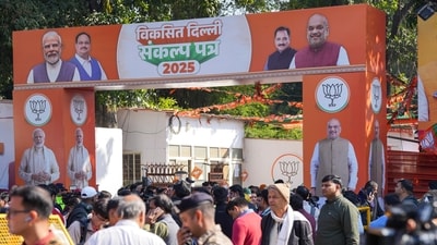 BJP supporters at the party office on the counting day for Delhi Assembly polls, in New Delhi, Saturday, Feb. 8, 2025. (PTI) BJP supporters at the party office on the counting day for Delhi Assembly polls, in New Delhi, Saturday, Feb. 8, 2025. (PTI)