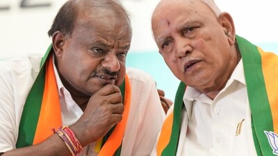Union Minister H.D. Kumaraswamy and senior BJP leader B.S. Yediyurappa. (PTI) Union Minister H.D. Kumaraswamy and senior BJP leader B.S. Yediyurappa. (PTI)