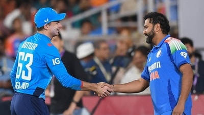 England's captain Jos Buttler (L) shakes hands with his India's counterpart Rohit Sharma at the end of the first ODI. (AFP) England's captain Jos Buttler (L) shakes hands with his India's counterpart Rohit Sharma at the end of the first ODI. (AFP)
