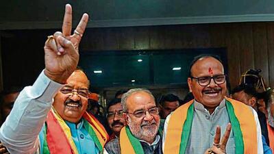 UP deputy CMs Brajesh Pathak and Keshav Prasad Maurya, along with state BJP president Bhupendra Chaudhary (C), celebrate the party’s victory in Delhi Assembly polls and Uttar Pradesh’s Milkipur bypoll, in Lucknow on Saturday. (Mushtaq Ali/HT) UP deputy CMs Brajesh Pathak and Keshav Prasad Maurya, along with state BJP president Bhupendra Chaudhary (C), celebrate the party’s victory in Delhi Assembly polls and Uttar Pradesh’s Milkipur bypoll, in Lucknow on Saturday. (Mushtaq Ali/HT)