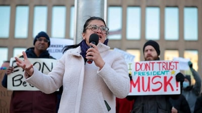 U.S. Rep. Rashida Tlaib (D-MI) speaks at a rally with federal workers and supporters as they protest against Elon Musk and his Department of Government Efficiency (DOGE) outside of the Office of Personnel Management (OPM) headquarters on February 07, 2025 in Washington, DC. Kayla Bartkowski/Getty Images/AFP (Photo by Kayla Bartkowski / GETTY IMAGES NORTH AMERICA / Getty Images via AFP) (Getty Images via AFP)