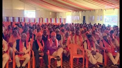VHP’s Central Board of Trustees meeting underway in Parishad’s camp in Sector 18 of Mahakumbh Nagar on Feb 8. (Sourced) VHP’s Central Board of Trustees meeting underway in Parishad’s camp in Sector 18 of Mahakumbh Nagar on Feb 8. (Sourced)