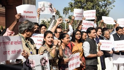 Opposition leaders have been protesting against the alleged 'shackled' deportation of the illegal Indian immigrants from the US. (ANI)
