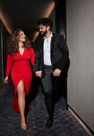 Setting the mode for Valentine's Day, Sonakshi oozes oomph in a crimson-hued dress with a front slit from Reynu Taandon. Her look has been spruced up with a neckpiece and bracelet from CaratLane. Zaheer looks dapper in Rohit Gandhi + Rahul Khanna. Setting the mode for Valentine's Day, Sonakshi oozes oomph in a crimson-hued dress with a front slit from Reynu Taandon. Her look has been spruced up with a neckpiece and bracelet from CaratLane. Zaheer looks dapper in Rohit Gandhi + Rahul Khanna.