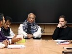 Congress chief Mallikarjun Kharge and Lok Sabha LoP Rahul Gandhi during a meeting with party leaders. Congress chief Mallikarjun Kharge and Lok Sabha LoP Rahul Gandhi during a meeting with party leaders.