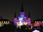  A Vince Lombardi Trophy and Super Bowl LIX logo is projected on the St. Louis Cathedral at Jackson Square.                                                       
(Mandatory Credit: Kirby Lee-Imagn Images)