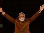 Prime Minister Narendra Modi at the BJP HQ after the party won the Delhi assembly election on Saturday.(PTI)
