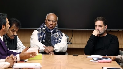 Congress chief Mallikarjun Kharge and Lok Sabha LoP Rahul Gandhi during a meeting with party leaders. (Congress-X)