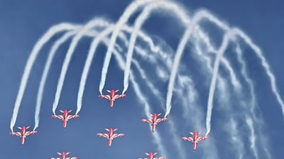 Air Force's Surya Kiran Aerobatic team performs during the final rehearsal ahead of 'Aero India 2025', at Air Force station in Bengaluru on Thursday. (Savitha/ ANI photos) Air Force's Surya Kiran Aerobatic team performs during the final rehearsal ahead of 'Aero India 2025', at Air Force station in Bengaluru on Thursday. (Savitha/ ANI photos)
