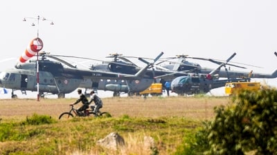 IAF helicopters parked at Yelahanka airbase ahead of 15th edition of Aero India 2025 in Bengaluru, Karnataka, Saturday, Feb. 8,2025. (PTI) IAF helicopters parked at Yelahanka airbase ahead of 15th edition of Aero India 2025 in Bengaluru, Karnataka, Saturday, Feb. 8,2025. (PTI)