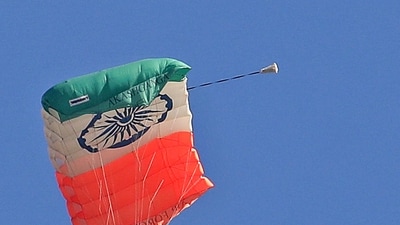 Bengaluru: An IAF paraglider performs during final rehearsal ahead of Aero India 2025, at Yelahanka Air Force Station, in Bengaluru, Thursday, Feb. 6, 2025. (PTI) Bengaluru: An IAF paraglider performs during final rehearsal ahead of Aero India 2025, at Yelahanka Air Force Station, in Bengaluru, Thursday, Feb. 6, 2025. (PTI)