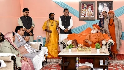Rajasthan Chief Minister Bhajanlal Sharma and his wife Geeta Sharma meet Swami Govind Dev Giri Maharaj during the ongoing Mahakumbh, in Prayagraj on Sunday. (ANI) Rajasthan Chief Minister Bhajanlal Sharma and his wife Geeta Sharma meet Swami Govind Dev Giri Maharaj during the ongoing Mahakumbh, in Prayagraj on Sunday. (ANI)