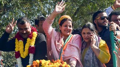 Bharatiya Janata Party (BJP) candidate from Najafgarh, Neelam Pahalwan, waves to the supporters after the winning in the Delhi Assembly elections on Saturday (ANI) Bharatiya Janata Party (BJP) candidate from Najafgarh, Neelam Pahalwan, waves to the supporters after the winning in the Delhi Assembly elections on Saturday (ANI)