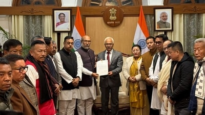 Manipur CM Biren Singh hands over his resignation to governor Ajay Kumar Bhalla at the Raj Bhavan on Sunday. (ANI) Manipur CM Biren Singh hands over his resignation to governor Ajay Kumar Bhalla at the Raj Bhavan on Sunday. (ANI)