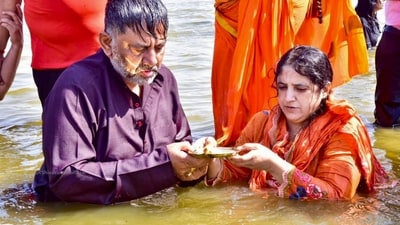 Karnataka Deputy CM DK Shivakumar takes a holy dip at the Sangam during the Mahakumbh Mela, in Uttar Pradesh's Prayagraj with family. (@DKShivakumar) Karnataka Deputy CM DK Shivakumar takes a holy dip at the Sangam during the Mahakumbh Mela, in Uttar Pradesh's Prayagraj with family. (@DKShivakumar)