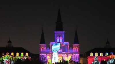 A Vince Lombardi Trophy and Super Bowl LIX logo is projected on the St. Louis Cathedral at Jackson Square.                                                       
(Mandatory Credit: Kirby Lee-Imagn Images) (USA TODAY Sports via Reuters Con)