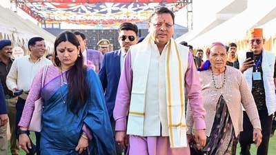 Uttarakhand Chief Minister Pushkar Singh Dhami with her wife Geeta Dhami visits Uttarakhand Mandapam during the ongoing 'Maha Kumbh', in Prayagraj on Sunday. (ANI ) Uttarakhand Chief Minister Pushkar Singh Dhami with her wife Geeta Dhami visits Uttarakhand Mandapam during the ongoing 'Maha Kumbh', in Prayagraj on Sunday. (ANI )