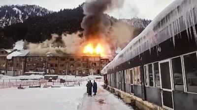 The fire started from Hotel Sounsar in Sonamarg’s main market and quickly spread to adjacent shops. (PTI) The fire started from Hotel Sounsar in Sonamarg’s main market and quickly spread to adjacent shops. (PTI)