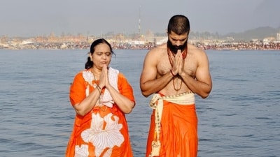 Vijay Deverakonda and his mother at the Mahakumbh in Prayagraj. Vijay Deverakonda and his mother at the Mahakumbh in Prayagraj.