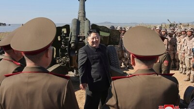 In this undated photo provided Oct. 6, 2024, by the North Korean government, its leader Kim Jong Un, center, visits an artillery exercise at an undisclosed place in North Korea. (AP) In this undated photo provided Oct. 6, 2024, by the North Korean government, its leader Kim Jong Un, center, visits an artillery exercise at an undisclosed place in North Korea. (AP)