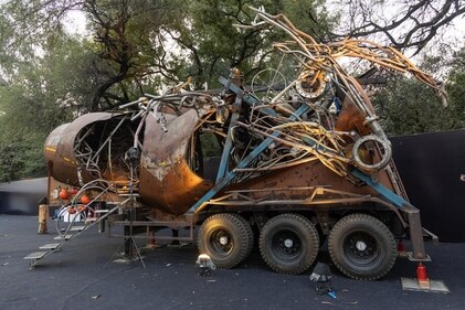 Outdoor project Make-Shift by artist Asim Waqif is created using a second-hand cement truck chassis, drum and scrap metal sourced from Ahmedabad (Gujarat). (Photo: Raajessh Kashyap/HT) Outdoor project Make-Shift by artist Asim Waqif is created using a second-hand cement truck chassis, drum and scrap metal sourced from Ahmedabad (Gujarat). (Photo: Raajessh Kashyap/HT)