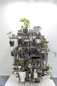 Artist Subodh Gupta's installation Mars Kitchen uses stainless steel, plants, and a holographic fan to create the vision of a futuristic kitchen. (Photo: Raajessh Kashyap/HT) Artist Subodh Gupta's installation Mars Kitchen uses stainless steel, plants, and a holographic fan to create the vision of a futuristic kitchen. (Photo: Raajessh Kashyap/HT)
