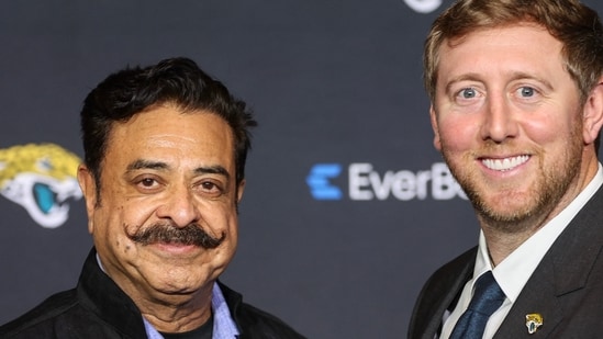 Liam Coen, new Head Coach of the Jacksonville Jaguars, poses with owner Shad Khan after he was introduced to the media at the Miller Electric Center on January 27, 2025. (AFP)