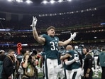 Cooper DeJean celebrates after Philadelphia Eagles beat Kansas City Chiefs in 2025 Super Bowl.