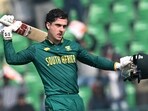 South Africa's Matthew Breetzke celebrates after scoring a century (100 runs) during the Tri-Nation series second ODI against New Zealand.