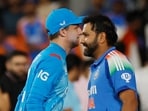 India's Rohit Sharma shakes hands with England's Jos Buttler after the match.