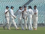Shardul Thakur celebrates with teammates after taking the wicket of Anuj Thakral during the third day of Ranji Trophy quarter-final match between Mumbai and Haryana. Shardul Thakur celebrates with teammates after taking the wicket of Anuj Thakral during the third day of Ranji Trophy quarter-final match between Mumbai and Haryana.