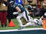 Philadelphia Eagles cornerback Cooper DeJean (33) scores a touchdown after making an interception against the Kansas City Chiefs during the first half of Super Bowl LIX at Caesars Superdome.