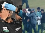 New Zealand's Rachin Ravindra (C) receives medical attention after being hit on the head by the ball during the Tri-Nation's first one-day international cricket match between Pakistan and New Zealand New Zealand's Rachin Ravindra (C) receives medical attention after being hit on the head by the ball during the Tri-Nation's first one-day international cricket match between Pakistan and New Zealand