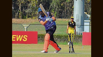 A batsman in action during the ongoing Chandra Shekhar Azad T20 Tournament At Tau Devi Lal Stadium Panchkula on Monday. (Sant Arora/HT)