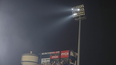 A faulty floodlight stops play during the 2nd ODI match between India and England, at Barabati Stadium in Cuttack on Sunday (Getty Images) A faulty floodlight stops play during the 2nd ODI match between India and England, at Barabati Stadium in Cuttack on Sunday (Getty Images)