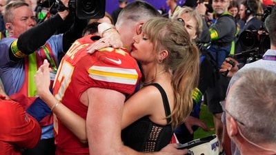 Taylor Swift embraces Kansas City Chiefs tight end Travis Kelce after the NFL Super Bowl 58 football game against the San Francisco 49ers, Sunday, Feb. 11, 2024, in Las Vegas. The Chiefs won 25-22 (AP)