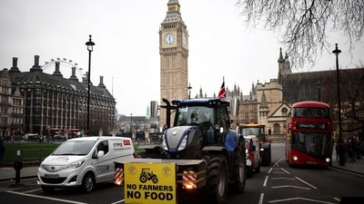 Farmers drive their tractor in front of the Elizabeth Tower, commonly known by the name of the clock's bell "Big Ben", at the Palace of Westminster, home to the Houses of Parliament, during a farmer demonstration to protest against changes to inheritance tax rules for land ownership for farmers, in central London, on February 10, 2025. (Photo by HENRY NICHOLLS / AFP) (AFP) Farmers drive their tractor in front of the Elizabeth Tower, commonly known by the name of the clock's bell "Big Ben", at the Palace of Westminster, home to the Houses of Parliament, during a farmer demonstration to protest against changes to inheritance tax rules for land ownership for farmers, in central London, on February 10, 2025. (Photo by HENRY NICHOLLS / AFP) (AFP)