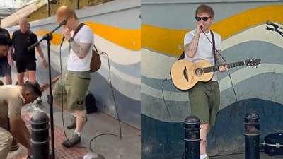Ed Sheeran performing Shape of You on a Bengaluru street. (Twitter) Ed Sheeran performing Shape of You on a Bengaluru street. (Twitter)