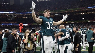 Cooper DeJean celebrates after Philadelphia Eagles beat Kansas City Chiefs in 2025 Super Bowl. (REUTERS)