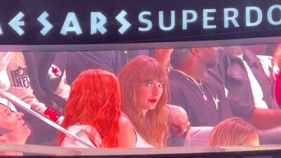 Taylor Swift, who is dating Kansas City Chiefs player Travis Kelce, is booed by Philadelphia Eagles fans as she appears on the jumbotron during Super Bowl LIX in New Orleans, Louisiana, U.S., February 9, 2025. (X/@SamuelBrownRBT via REUTERS)
