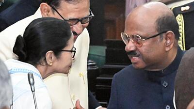 Governor CV Ananda Bose, chief minister Mamata Banerjee and speaker Biman Banerjee on the first day of Budget Session in West Bengal assembly on Monday. (ANI) Governor CV Ananda Bose, chief minister Mamata Banerjee and speaker Biman Banerjee on the first day of Budget Session in West Bengal assembly on Monday. (ANI)