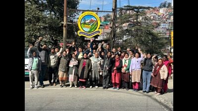 Himachal power board staffers during a protest at division office in Shimla on Monday. (HT Photo)