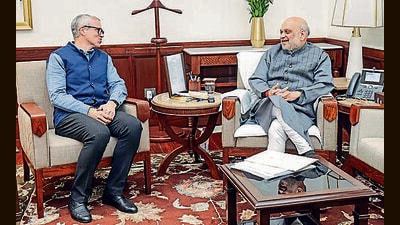 Jammu and Kashmir CM Omar Abdullah with Union home minister Amit Shah in New Delhi on Monday. (Photo: X) Jammu and Kashmir CM Omar Abdullah with Union home minister Amit Shah in New Delhi on Monday. (Photo: X)