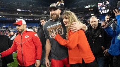 Taylor Swift looked cosy in red sweater at AFC Championship NFL football game between the Chiefs and the Baltimore Ravens, Jan. 28, 2024, in Baltimore.. (AP)