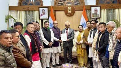 Manipur Chief Minister N Biren Singh submits his resignation to Governor AK Bhalla, in Imphal, on Sunday. (PTI)