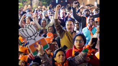 New Delhi, Feb 08 (ANI): Bharatiya Janata Party (BJP) supporters attend the celebration of the party's win in the Delhi Assembly Election, in New Delhi on Saturday. (ANI Photo) (Narendra Modi Website) New Delhi, Feb 08 (ANI): Bharatiya Janata Party (BJP) supporters attend the celebration of the party's win in the Delhi Assembly Election, in New Delhi on Saturday. (ANI Photo) (Narendra Modi Website)