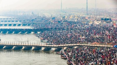 Prayagraj: Devotees gather in Sangam area to take a holy dip during Maha Kumbh Mela 2025, in Prayagraj on Monday as long traffic jams were reported for several kilometres leading to the holy city. (PTI) Prayagraj: Devotees gather in Sangam area to take a holy dip during Maha Kumbh Mela 2025, in Prayagraj on Monday as long traffic jams were reported for several kilometres leading to the holy city. (PTI)