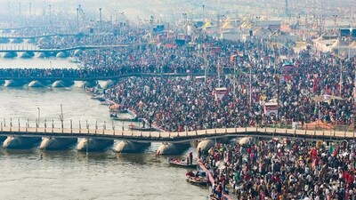 Prayagraj: Devotees gather in Sangam area to take a holy dip during Maha Kumbh Mela 2025, in Prayagraj, Monday, Feb. 10, 2025. (PTI Photo) (PTI)