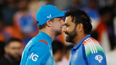 India's Rohit Sharma shakes hands with England's Jos Buttler after the match. (REUTERS)